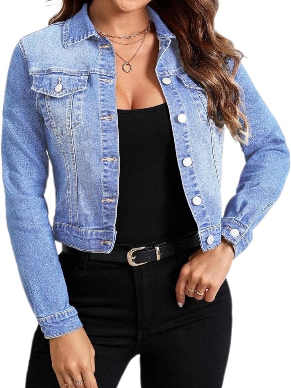 Trendy Cropped Denim Jacket for Women | Stretchy Long Sleeve Button-Down Coat